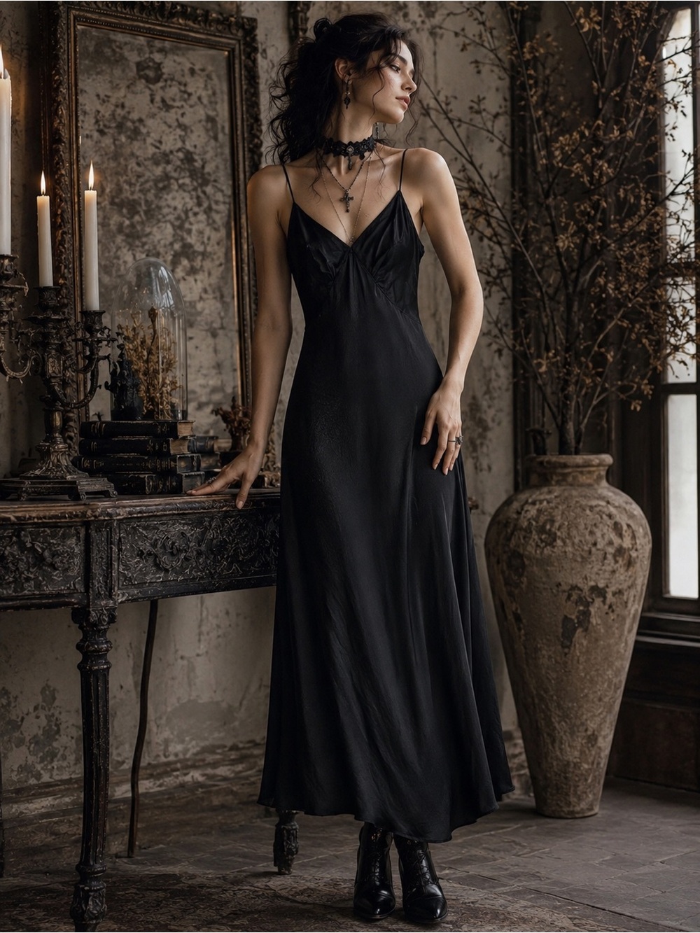 100% Vintage Silk Slip Dress Bias Cut Spaghetti Straps Maxi Black S/XS Babydoll